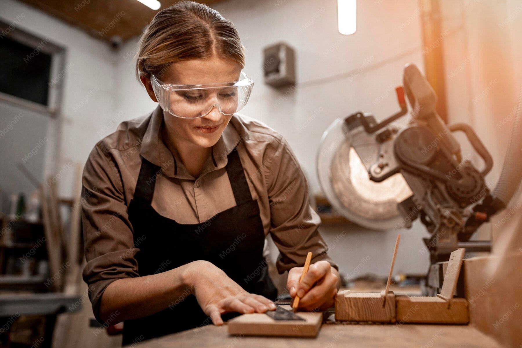 Lächelnde Schreinerin in der Werkstatt